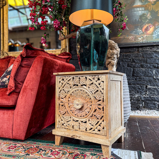 Carved Bedside Cabinet - Clearance