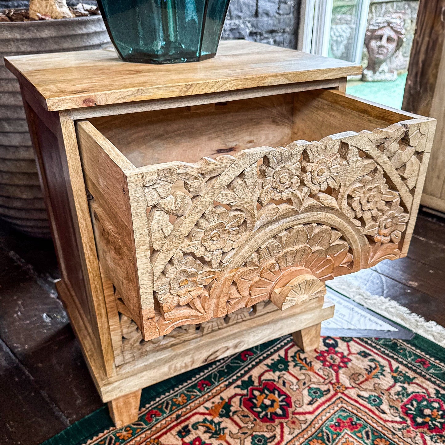 Carved Bedside Cabinet - Clearance